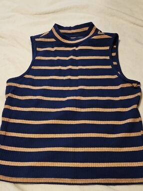 Sonoma Navy and Tan Ribbed Sleeveless Mock Neck Tank